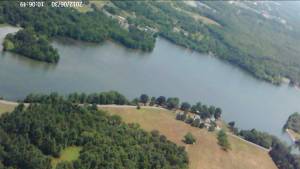 Looking down at Memorial Lake in Fort Indiantown Gap, PA from 800 feet